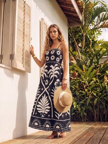 CAJUNI Women's Casual Palm Tree Print Spaghetti Strap Vacation Dress - Black and White - View 3