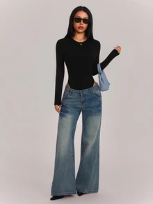 SHEIN PETITE 女款純色休閒日常長袖連身衣 - 黑色 - 查看 1