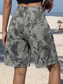 SHEIN PETITE 女款寬鬆休閒百慕大牛仔短褲，附樹枝圖案 - 彩色 - 查看 8