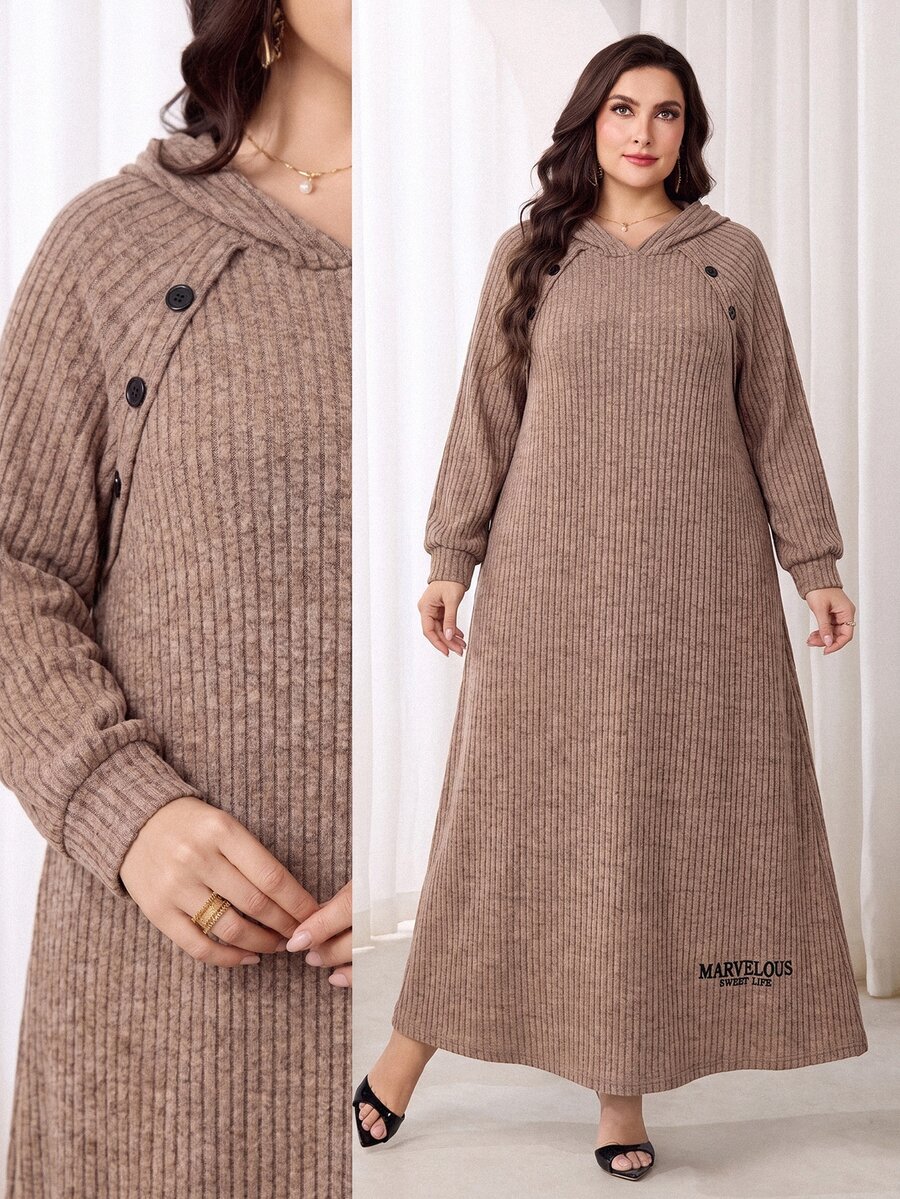 Feyla Plus Size Women's Solid Color Button Design Raglan Long Sleeve Casual Hooded Sweatshirt Dress - Khaki - View 1