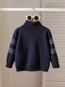 SHEIN 小男孩毛衣 (小號) 休閒戶外度假卡其色條紋提花高領套頭衫 - 藏蓝色 - 查看 2