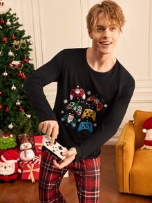Notgurli Herrs loungewear med lång ärm och tecknad spelkonsoltryck - Svart - Visa 3
