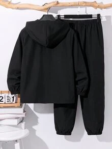 SHEIN 2件組兒童小男孩休閒拼接連帽半拉鍊套頭寬鬆長袖外套與寬鬆慢跑長褲，梭織兩件套，適合學校、花園、海灘、生日，春夏秋冬四季皆宜 - 彩色 - 查看 2
