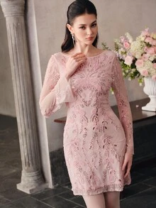 Anewsta Affair [Random Cut]Round Neck Long Sleeve Backless Tie Waist Sequin Elegant Dress - Pink - View 3