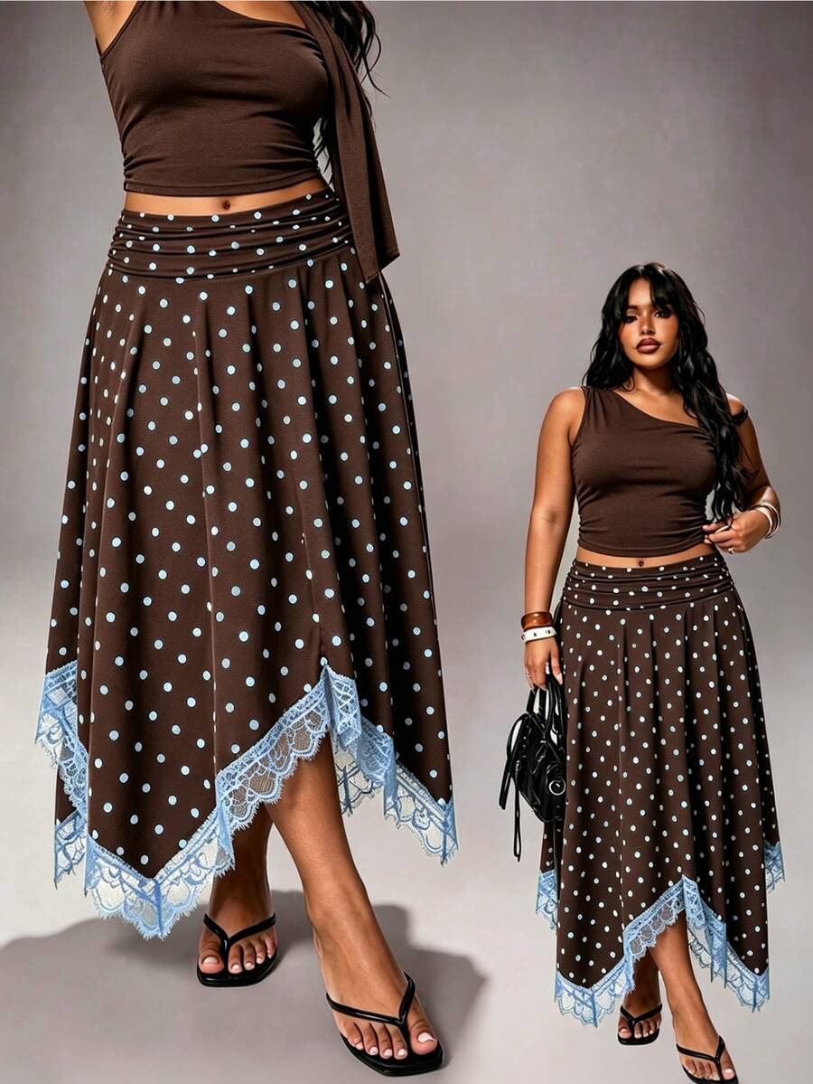 Rustia Korean Style Hot Girl Polka Dot Lace Patchwork High Waist Flared Skirt - Coffee Brown - View 1