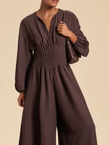 Travachic Women's Long Sleeve Solid Color Jumpsuit - Brown - View 8