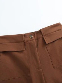 SHEIN Holidaya Women's High Waist Pocket Decor Shades Of Brown Casual Versatile Long Pants Thanksgiving Work Office Autumn Trousers Women Pants - Brown - View 6