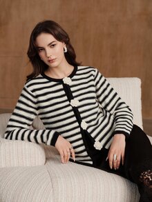 Anewsta Women's Striped Casual Daily Cardigan - Black and White - View 6