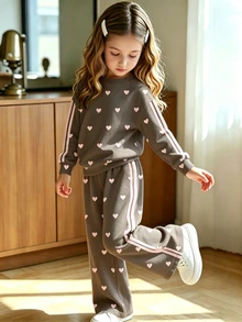 Young Girls Fashionable High-End Dark Gray Base Pink Heart Contrast Pattern Crew Neck Sweatshirt & Wide Leg Pants Set, Autumn Winter 2026 - Multicolor - View 4