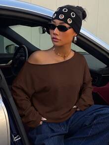Veykashi 女款休閒棕色露肩寬鬆長袖衛衣，反季服飾 - 棕色 - 查看 4
