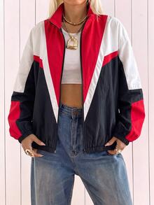 SHEIN EZwear 女款休閒拼色寬鬆前拉鍊長袖薄款夾克，杏色風格運動外套，秋冬服飾，適合日常通勤、聚會、夏季、聖誕節、新年、感恩節、派對、婚禮、海灘、出遊、約會、情人節，優雅度假 Y2K 風格 - 彩色 - 查看 8