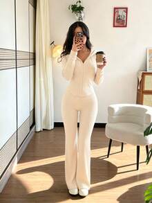 SHEIN Raffinéa Casual Fashion Daily Versatile Hooded Sweatshirt With Cinching Waist And Pockets, Flared Ribbed Knit Pants, 2 Pieces Set For Women, Autumn/Winter - Apricot - View 5