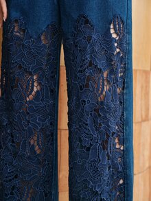 Anewsta Fashionable Modern Dark Wash Denim Jeans With Patchwork Lace Design, Casual Commute Style For Women, Autumn - Dark Wash - View 6