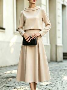SHEIN 2 Pieces Shirt & Skirt Set, Elegant Office Fashion Shirt Paired With High-Waist Flared Skirt, Showcasing Business Style, Suitable For Commuting, Office, Daily Wear, Apricot Color - Apricot - View 4