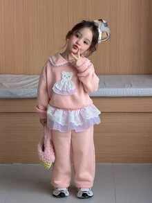 DAZY Setelan Sweatshirt 2 Potong Gaya Korea Kerah Peter Pan untuk Bayi Perempuan, Warna Polos, Kasual Musim Gugur/Dingin - Baby Pink - View 8