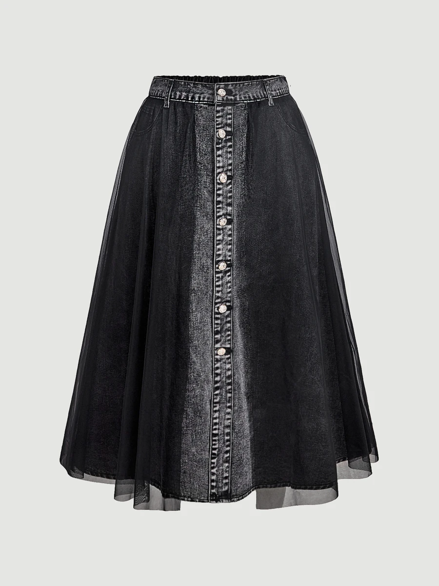 SHEIN MOD Plus Size Women's Single-Breasted Contrast Mesh Elegant Casual 80s Denim Skirt Going Out Vacation Grey Fall - Black - View 1