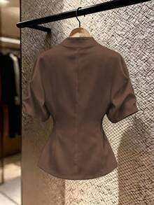 GlowEve Spring/Summer Women's New V-Neck Cross Metal Buckle Cinched Waist Asymmetrical Hem Design Niche Elegant Commuter French Style Blouse - Coffee Brown - View 2