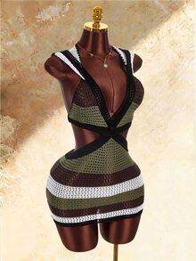 Amplova Striped Hat V-Neck Cutout Women's Mini Crochet Dress - Multicolor - View 8