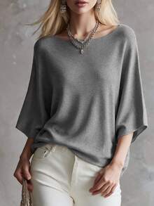 Omancia Women's Elegant Commute One-Shoulder Boat Neck Loose Batwing Knit Top - Light Grey - View 5
