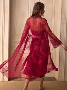 Charlaine Women's Lace Patchwork Floral Decor Split Strap Dress And Hollow Out Sheer Cover-Up Sleepwear Set - Burgundy - View 2
