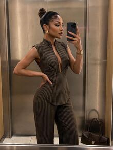 SHEIN SXY Women's V-Neck Asymmetrical Hem Striped Sleeveless Blazer & Pants Set - Coffee Brown - View 6