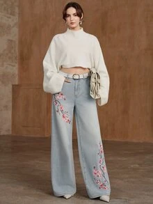 Anewsta Women's New Fashion Luxurious Heavy Embroidery Blue Jeans Straight Leg Pants - Blue - View 6