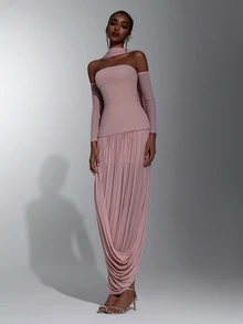 Elitara Elegant Minimalist Lotus Pink Knit Mesh Tube Top 2 In 1 Asymmetrical Ruched Hem Bridesmaid Dress - Dusty Pink - View 6