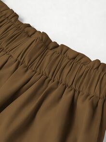 GlowEve CURVE Plus Size Women Solid Color Asymmetric Waistband With Contrasting Resin Button, Back Elastic Waist, Hand Pocket Pleated Wide Leg Pants - Khaki - View 6