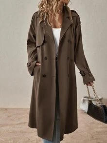 SHEIN Clasi 秋冬款落肩袖雙排扣繫腰風衣 - 咖啡棕 - 查看 5