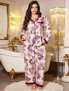 MuseNap CURVE Contrast Color Lapel Tropical Plant & Animal Print Plus Size Pajama Set - Burgundy - View 5