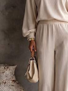 Glimmora New Vintage Apricot Fashion Casual Basic Asymmetrical Shoulder Top With Lantern Cuffs And Wide-Leg Pants Women's 2 Pieces Set - Apricot - View 3