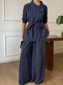 DAZY Women's Striped Collared Long Sleeve Shirt And Loose Straight Leg Pants Casual 2 Pieces Set - Navy Blue - View 1