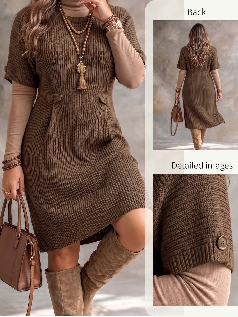 Ceyna Plus Size Women's Fashion Textured Stand Collar Short Sleeve Brown Knit Dress Casual Versatile Commute Autumn/Winter - Brown - View 1