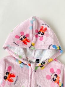 THE POWERPUFF GIRLS X SHEIN Baby Girl Cartoon Pattern Zipper Front Hooded Autumn Romper - Pink - View 3