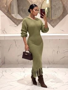 Slaydiva Hooded Off Shoulder Fringe Knit Maxi Dress Bodycon Mermaid Dress-A - Green - View 4