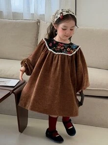 DAZY Infant (Girl) Round Neck Color Block Long Sleeve Autumn/Winter Dress - Coffee Brown - View 7
