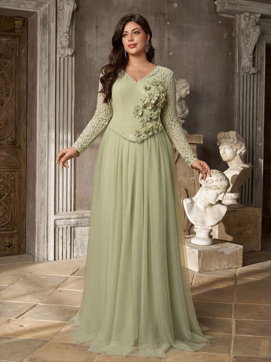 Aureia Plus Size Elegant Romantic Eyelash Lace Contrast Mesh A-Line Long Dress With 3D Floral Handmade Rhinestone Decor, Suitable For Wedding, Vacation, Prom, Bridesmaid, Formal Evening Gown - Green - View 1