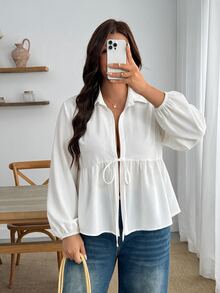 Enliva Plus Size Fall Long Sleeve Tie Front Peplum Blouse Apple - White - View 5