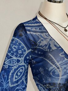 SHEIN ICON 大尺碼女款V領滿版印花休閒日常穿著上衣 - 寶藍色 - 查看 10