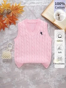 SHEIN (Tween Girl) 粉色純棉V領麻花編織刺繡針織背心，柔軟舒適，適合日常穿著、外出、旅行、度假、托兒所與玩耍 - 粉色 - 查看 4