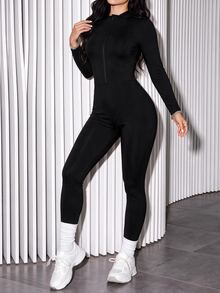 Slayform Slayform Women's Spring/Autumn Black Zipper Long Sleeve Slim Fit Sports Jumpsuit - Black - View 2