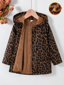 Young Girl Leopard Print Hooded Jacket With Fleece Lining, Button Front Long Sleeve Casual Coat For - Brown - View 11