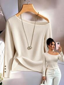 Linhara CURVE Women's Solid Color Asymmetrical Shoulder Long Sleeve Elegant Fashion Versatile T-Shirt - Apricot - View 3
