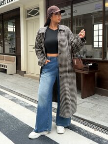 Muchica 大尺碼女款長版格紋風衣，翻領設計、口袋、單排扣，適合學院風穿搭 - 棕色 - 查看 1