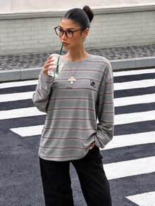 Muchica Women's Knit Striped Loose Long Sleeve T-Shirt - Light Grey - View 5