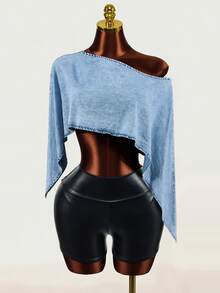 Mistrie Women's Denim Asymmetrical Shoulder Flowy Casual Versatile Denim Jacket - Blue - View 4