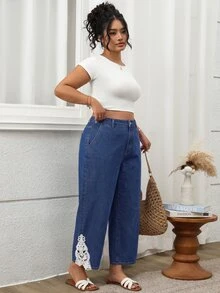 SHEIN 大尺碼女款對比蕾絲鈕扣口袋休閒牛仔褲 - 深色水洗藍 - 查看 7