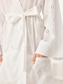 Ocili Solid Color Hollow Embroidery Comfortable Tie Long Sleeve Women's Loungewear Robe Jacket - White - View 6