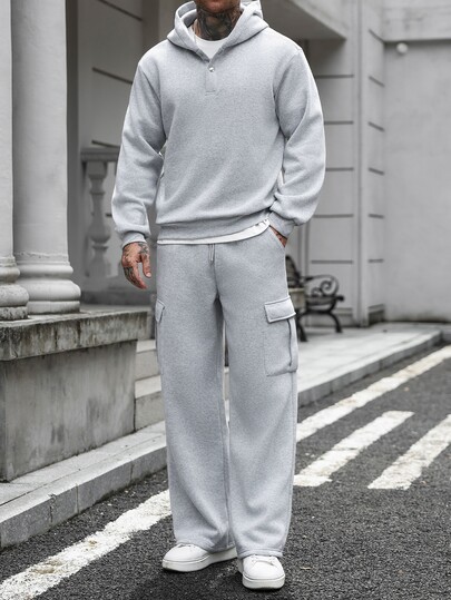 Manfinity CasualCool Men's Solid Color Hoodie Long Sleeve Sweatshirt And Waist Tie Pants Set