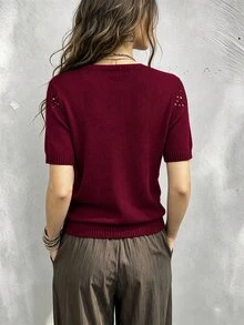 SHEIN Franclia ملابس علوية نسائية محبوكة نصف شفافة بأكمام قصيرة - عنابي اللون - مشاهدة 2